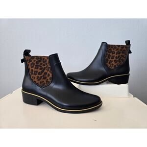 Kate Spade Leopard Chelsea Rain Boots Size 8 | Black Ankle Booties Animal Print